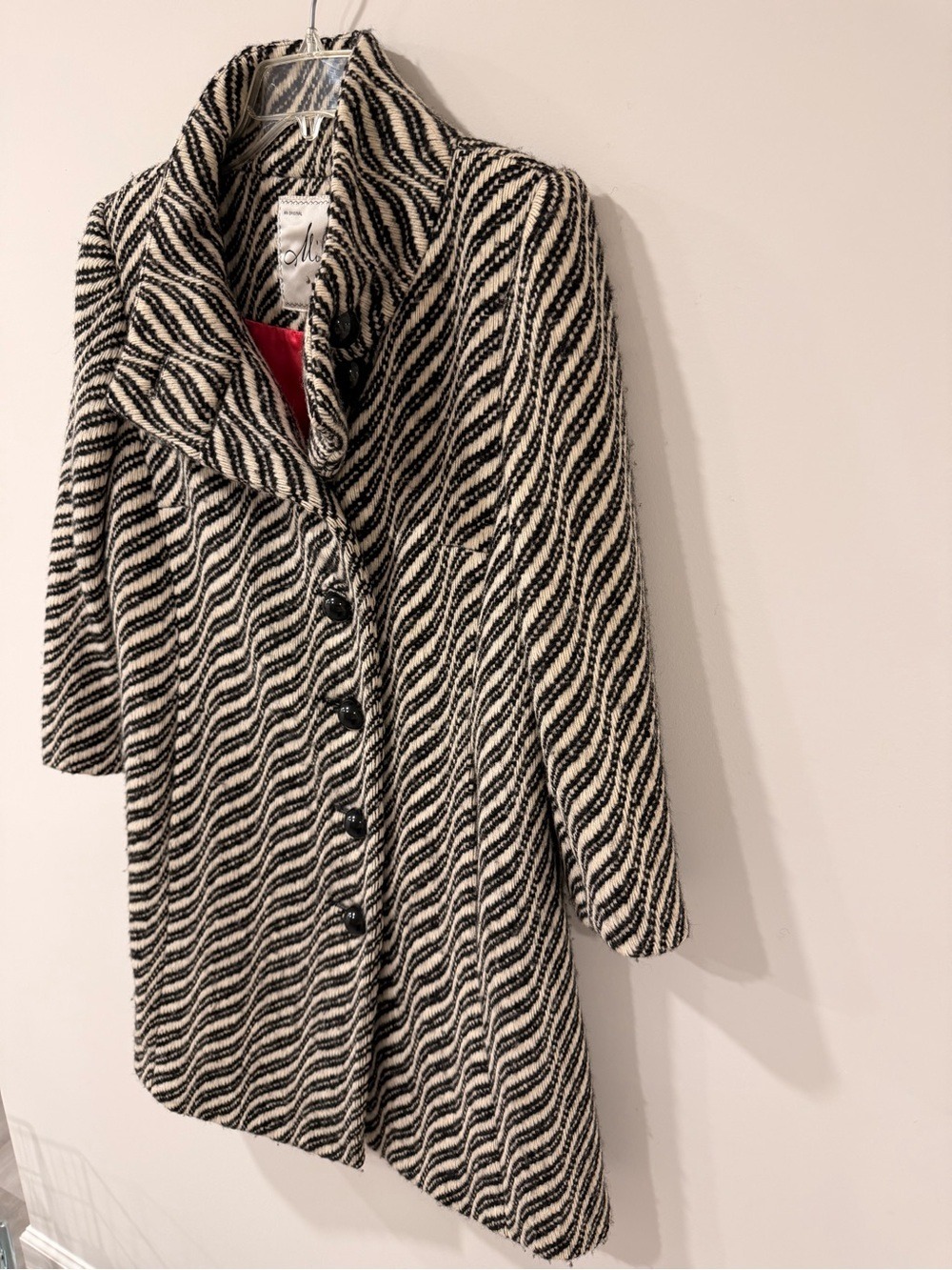 Milly of New York Textured Wool Black Ivory Zig Zag Pattern Coat Size 4 - Picture 5 of 15